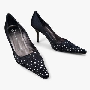 ST. JOHN Black Satin Crystal Embellished Pointed Toe Pumps 7B